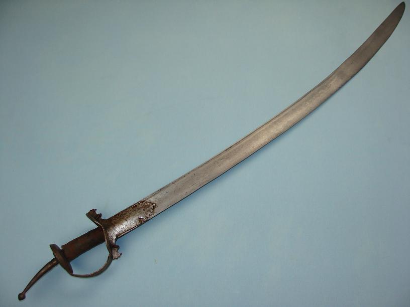 Massive Khanda hilted cavalry sword very nice long pattern welded blade and original fibre covered grip www.swordsantiqueweapons.com